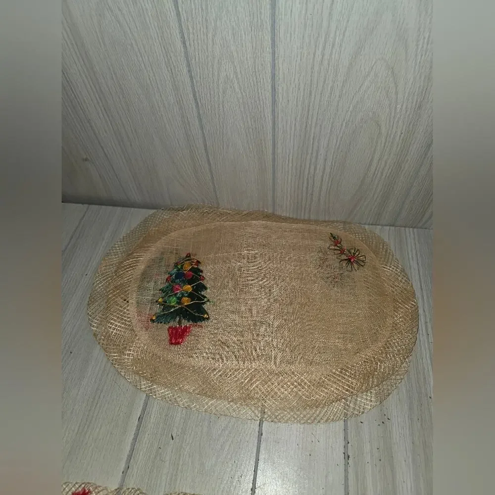 Vtg Christmas Tree Woven Raffia Oval Placemats Coasters Napkins Holiday Boho